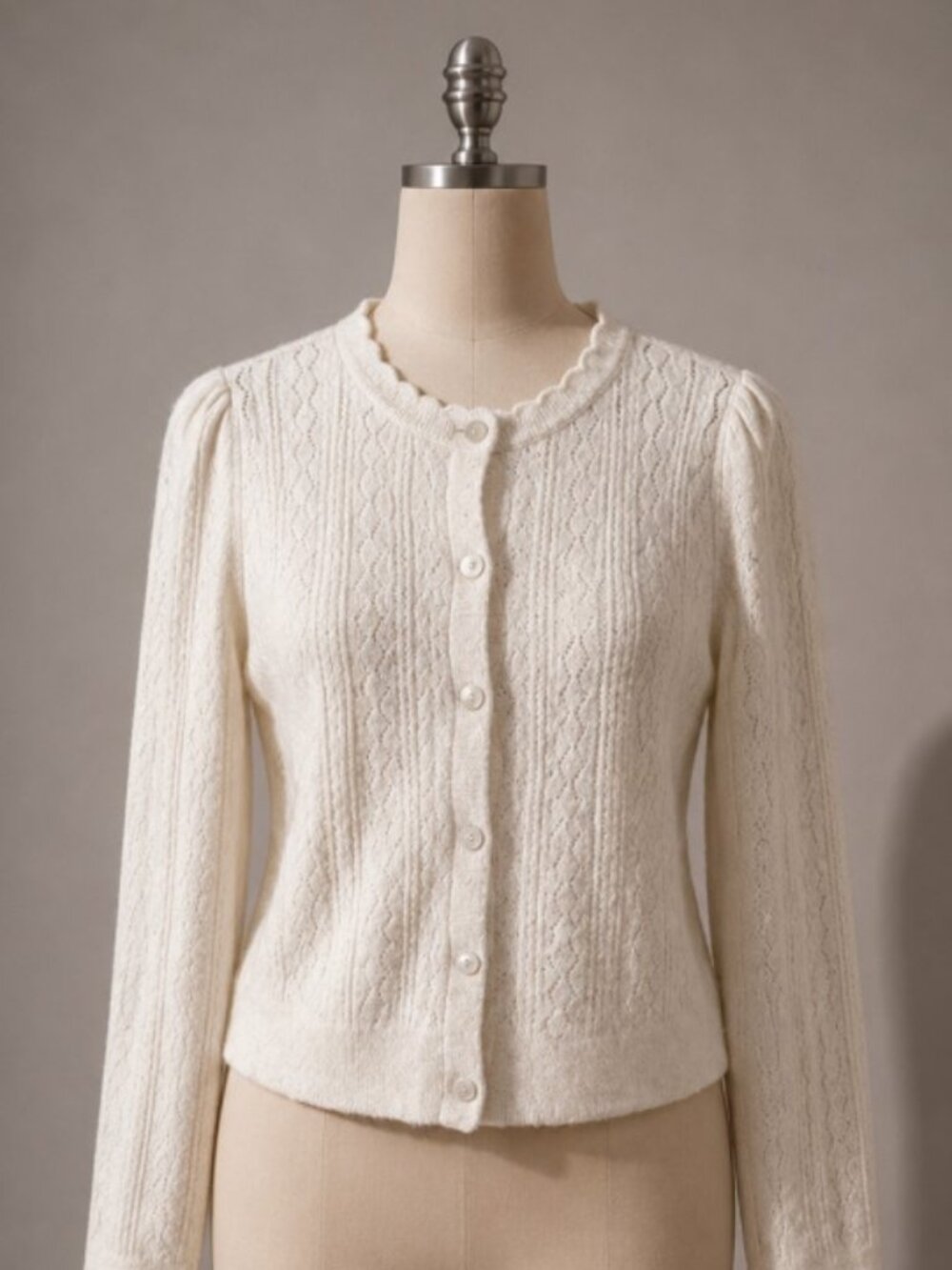 NWT LOFT Women's M Ivory Pointelle Wool Blend Cardigan Sweater Cottage Chic
